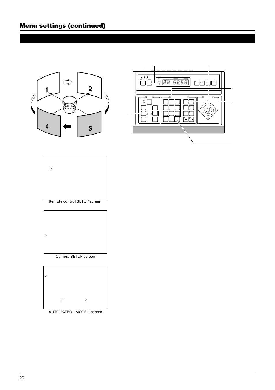 Auto patrol setup screen, Menu settings (continued), Position | Button camera button enter buttons numeric key | JVC TK-C675B User Manual | Page 20 / 24