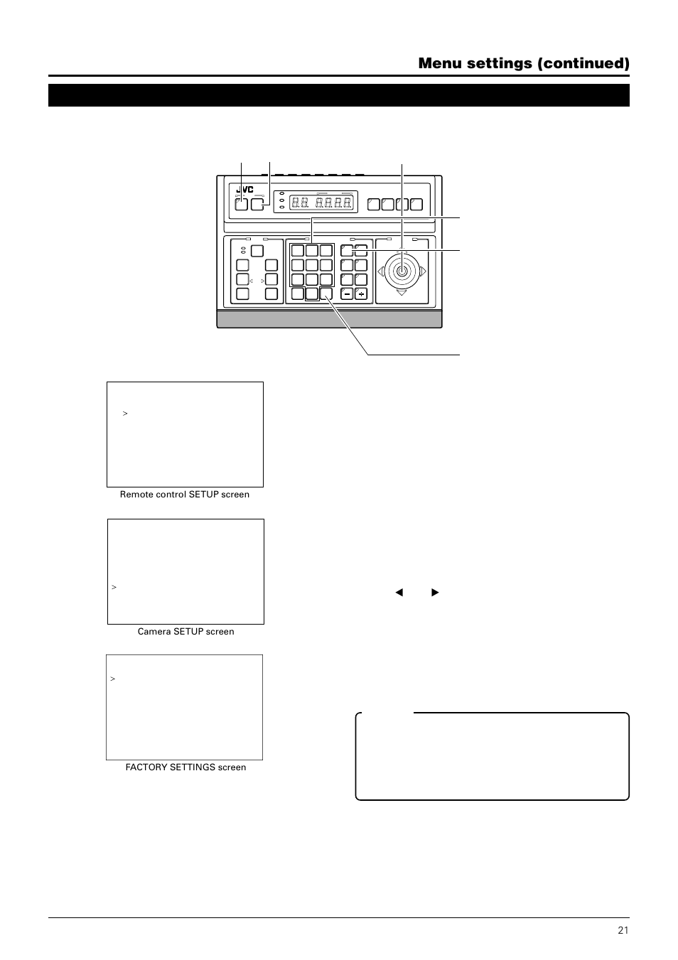 Factory settings screen, Menu settings (continued), Button | Button pan/tilt set menu control lever, Button camera button enter buttons numeric key | JVC TK-C675B User Manual | Page 21 / 24