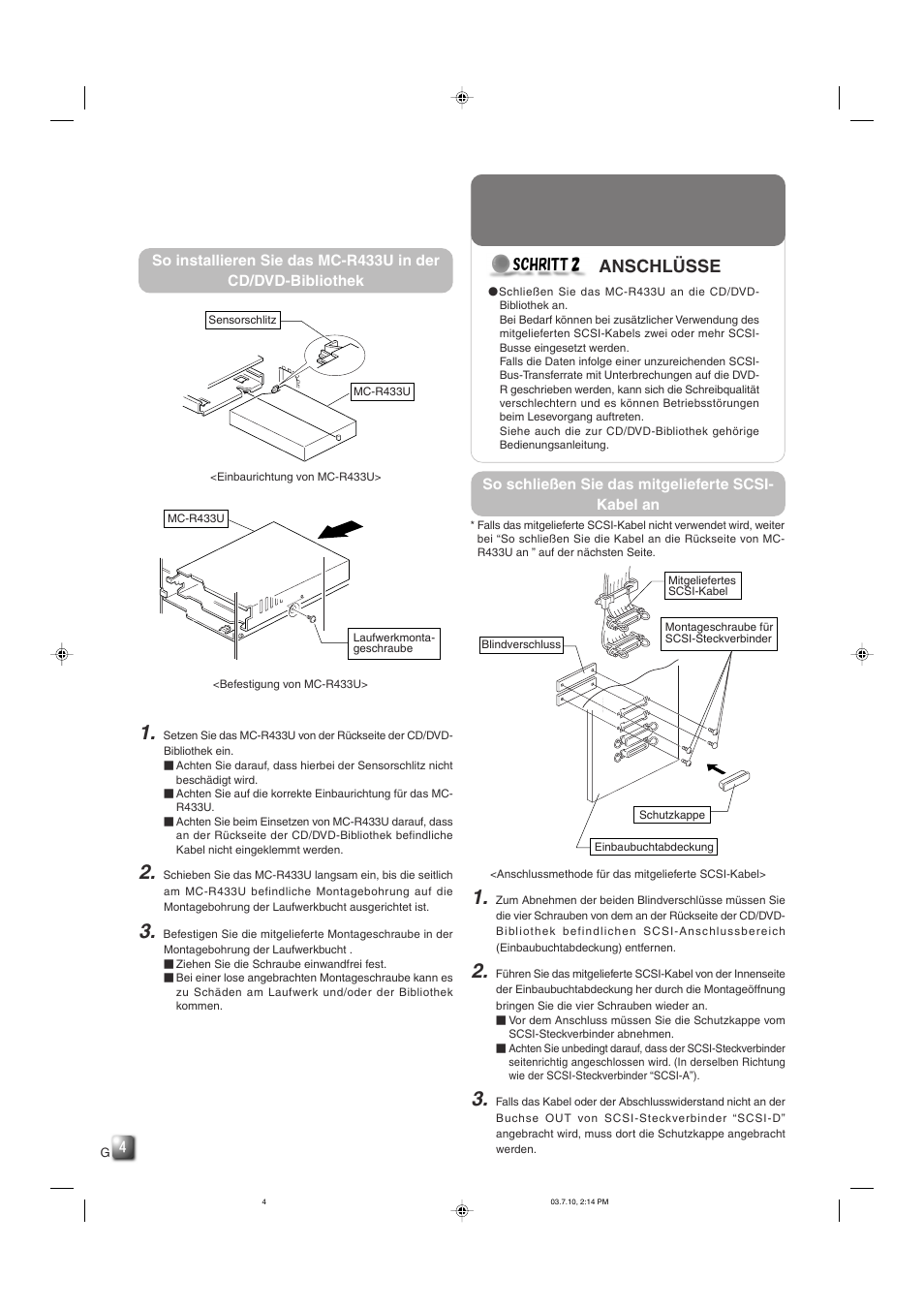 Schritt2 anschlusse, So schliesen sie das mitgelieferte scsi kabel an, Anschlüsse | JVC MC-R433U User Manual | Page 12 / 32