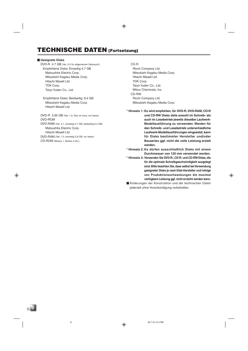 Technische daten, Fortsetzung) | JVC MC-R433U User Manual | Page 16 / 32
