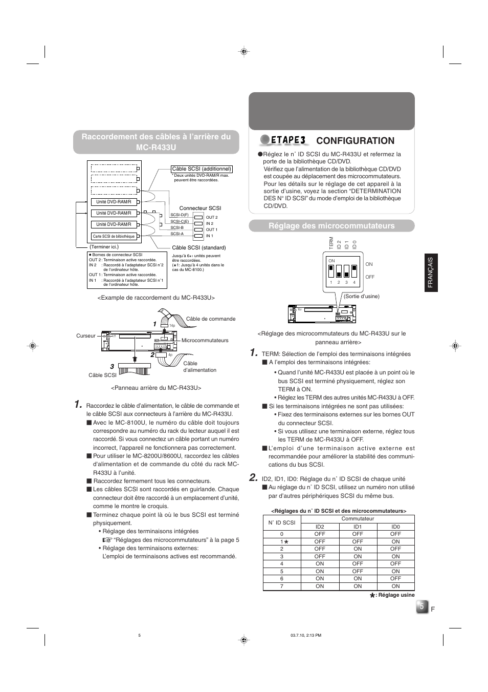 Raccordement des cables a l’arriere du mc-r433u, Etape3 configuration, Reglage des microcommutateurs | Configuration, Réglage des microcommutateurs, Raccordement des câbles à l’arrière du mc-r433u | JVC MC-R433U User Manual | Page 21 / 32