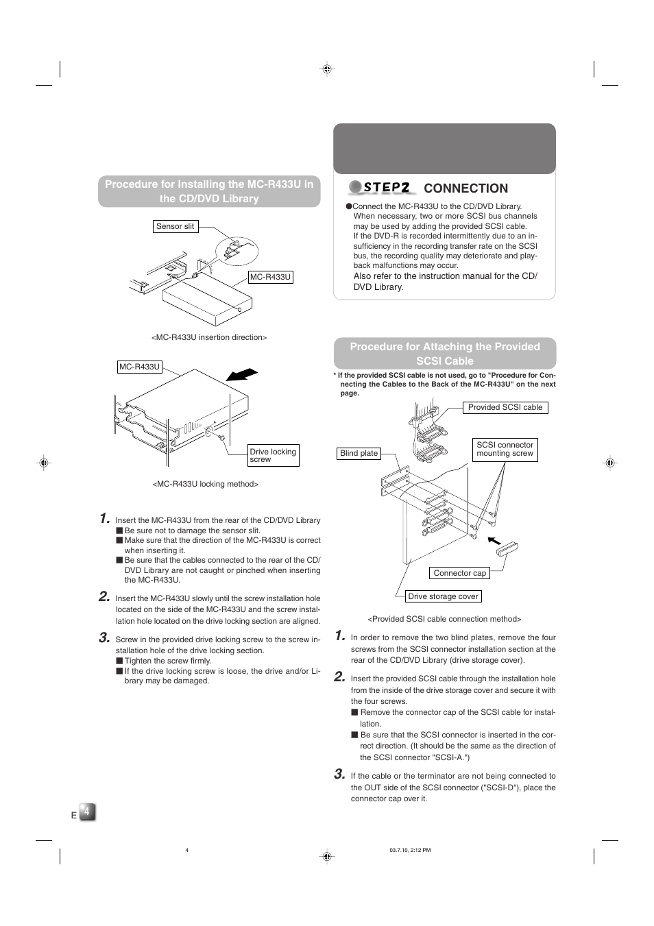 Step2 connection, Procedure for attaching the provided scsi cable, Connection | JVC MC-R433U User Manual | Page 4 / 32