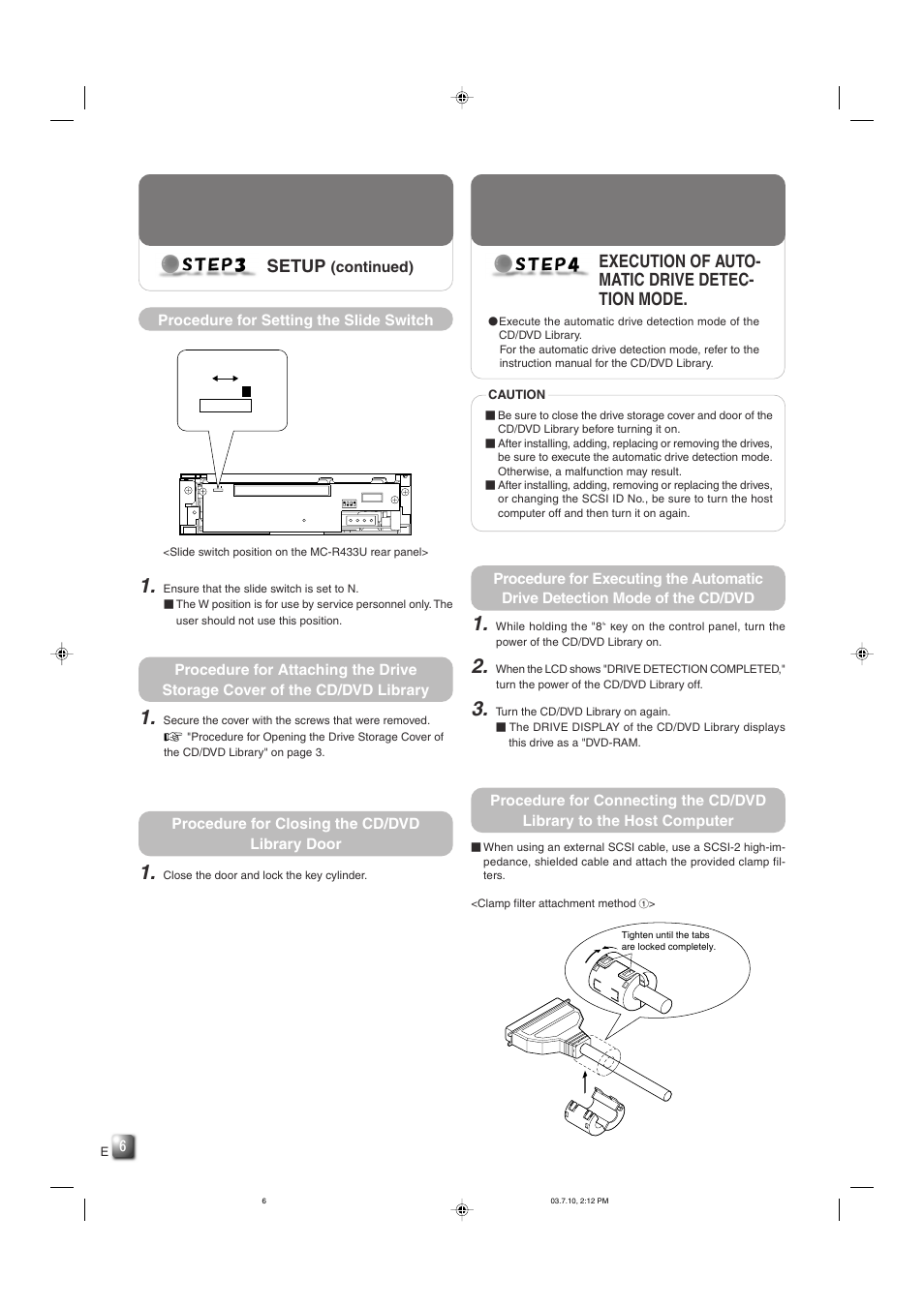 Procedure for setting the slide switch, Procedure for closing the cd/dvd library door, Step4 execution of automatic drive detection mode | JVC MC-R433U User Manual | Page 6 / 32