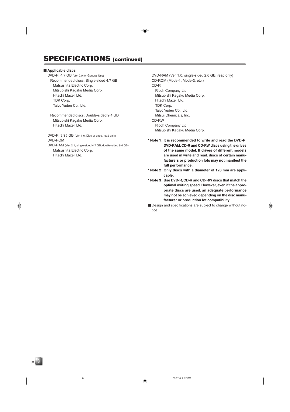 Specifications, Continued) | JVC MC-R433U User Manual | Page 8 / 32