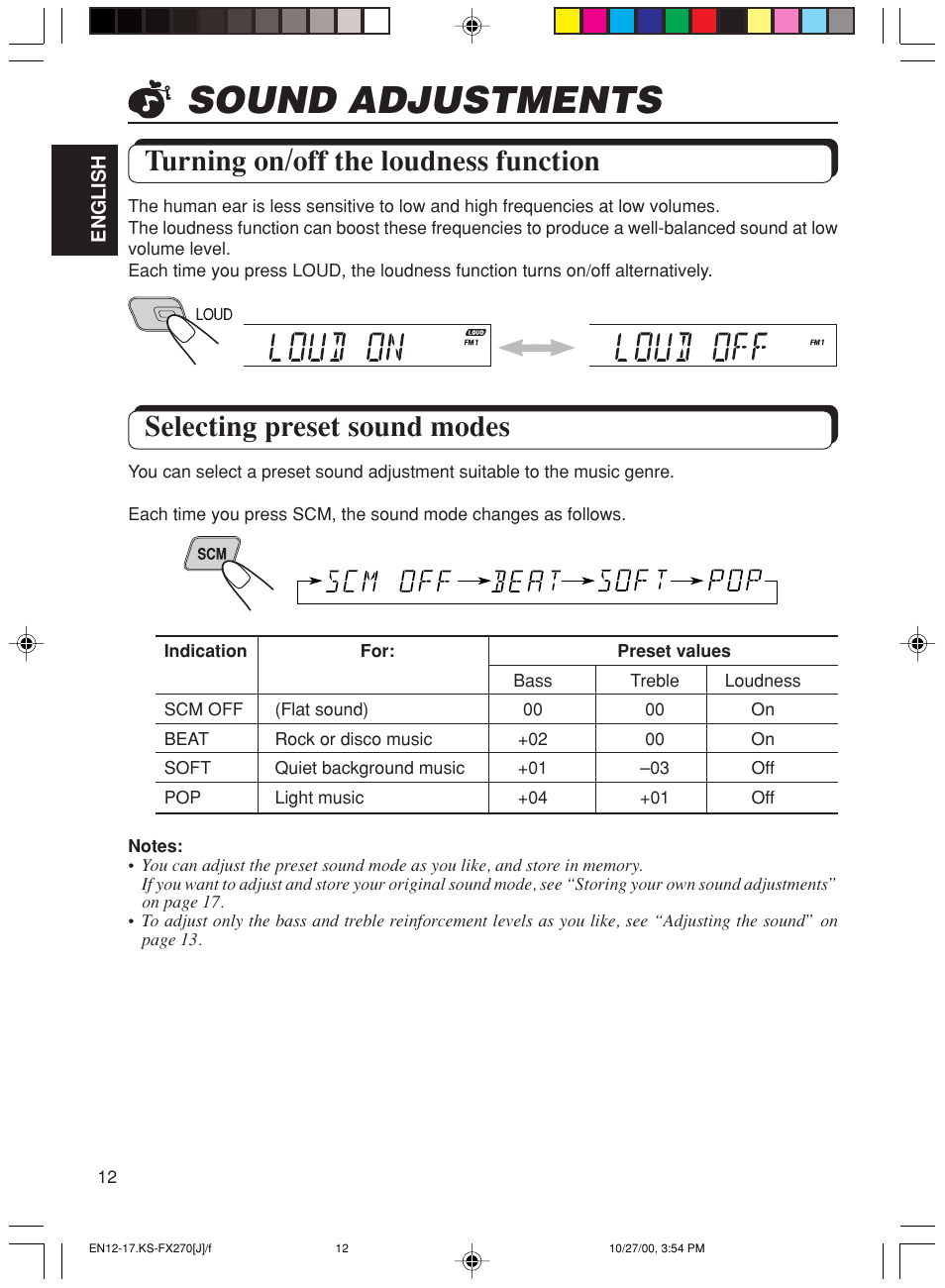 Sound adjustments, Turning on/off the loudness function, Selecting preset sound modes | JVC KS-FX270 User Manual | Page 12 / 89