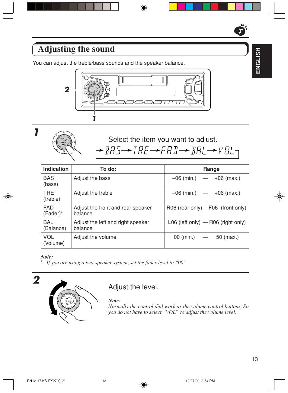Adjusting the sound, Select the item you want to adjust, Adjust the level | JVC KS-FX270 User Manual | Page 13 / 89