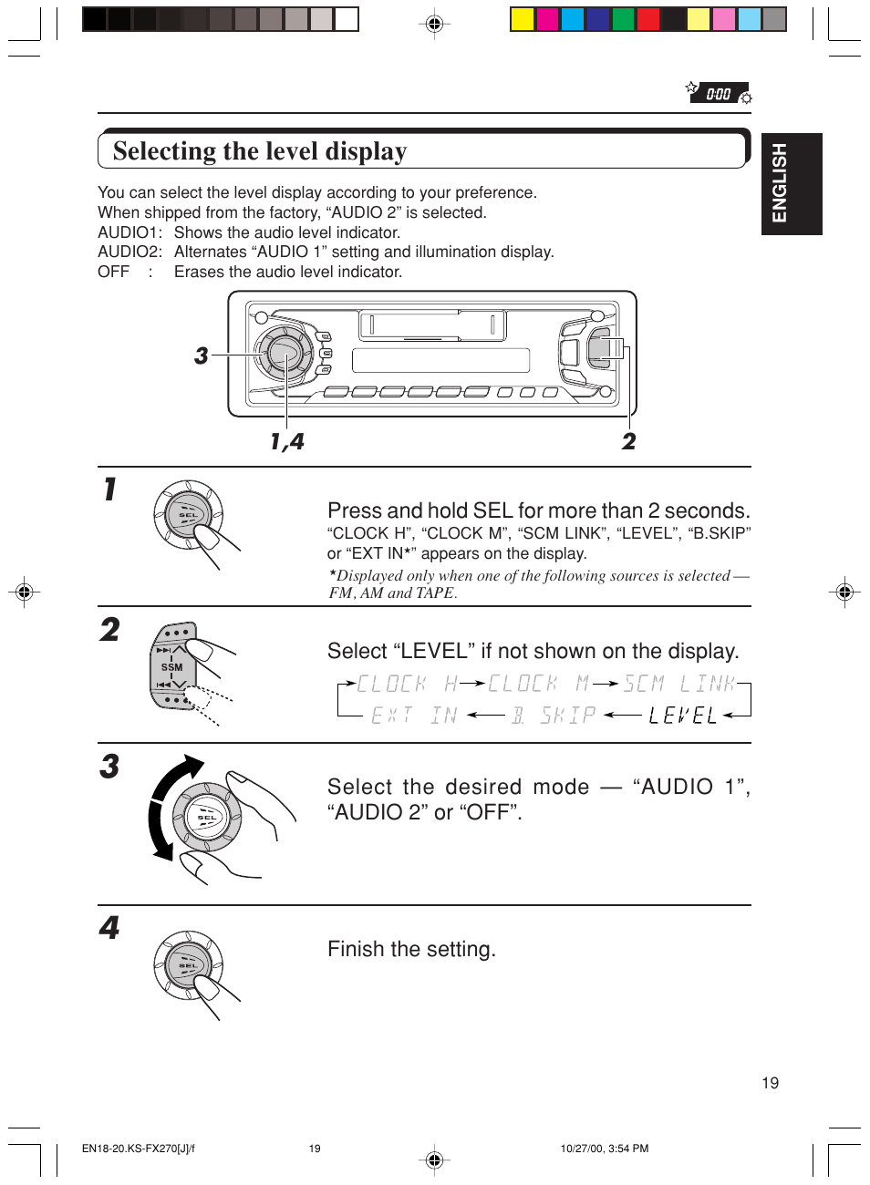 Selecting the level display | JVC KS-FX270 User Manual | Page 19 / 89