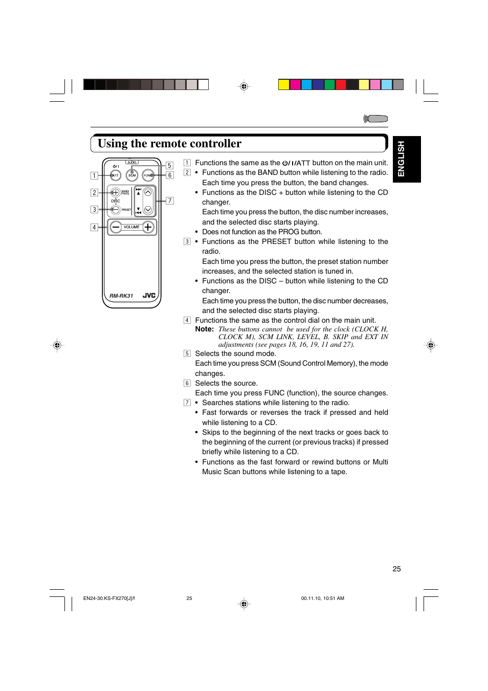 Using the remote controller | JVC KS-FX270 User Manual | Page 25 / 89