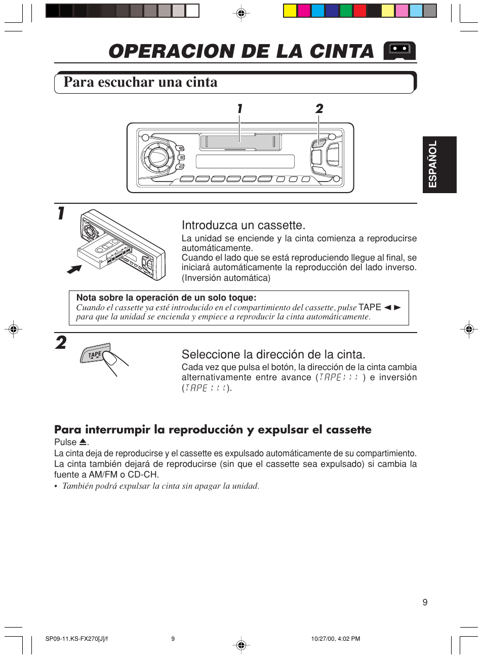 Operacion de la cinta, Para escuchar una cinta | JVC KS-FX270 User Manual | Page 38 / 89