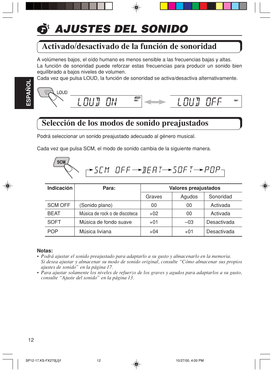 Ajustes del sonido, Activado/desactivado de la funcion de sonoridad, Seleccion de los modos de sonido preajustados | Activado/desactivado de la función de sonoridad, Selección de los modos de sonido preajustados | JVC KS-FX270 User Manual | Page 41 / 89