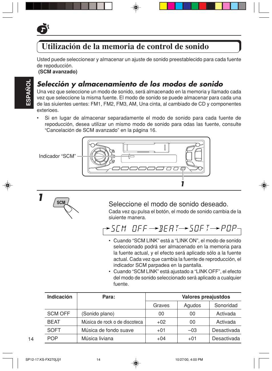 Utilizacion de la memoria de control de sonido, Selección y almacenamiento de los modos de sonido, Seleccione el modo de sonido deseado | JVC KS-FX270 User Manual | Page 43 / 89