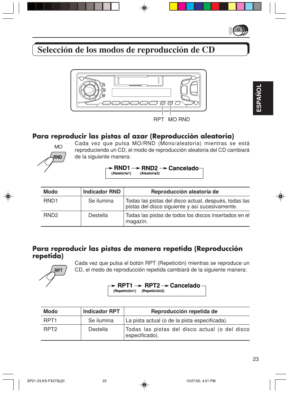 Seleccion de los modos de reproduccion de cd, Selección de los modos de reproducción de cd | JVC KS-FX270 User Manual | Page 52 / 89
