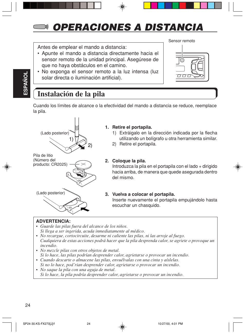 Operaciones a distancia, Instalacion de la pila, Instalación de la pila | JVC KS-FX270 User Manual | Page 53 / 89