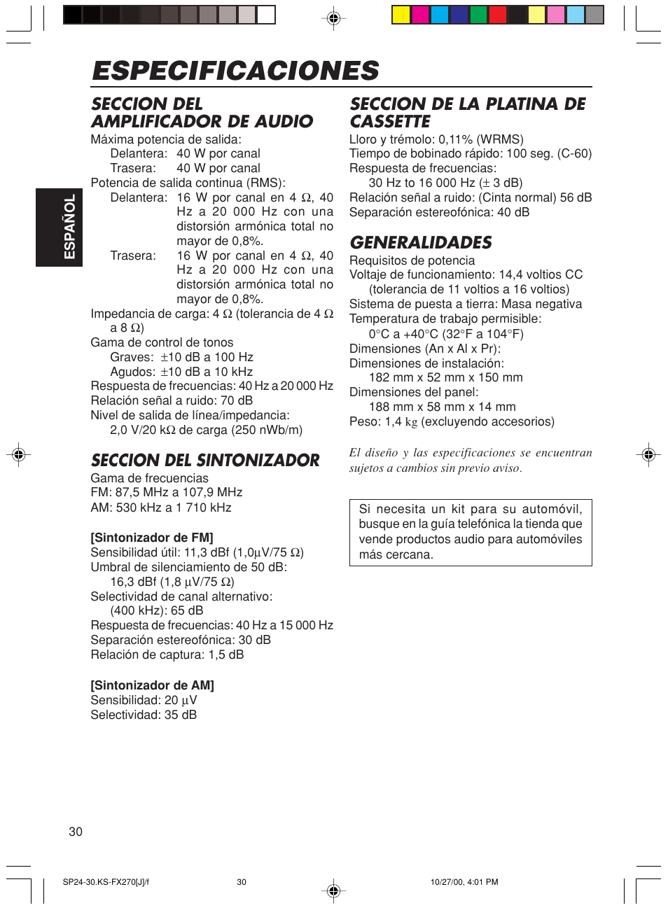 Especificaciones, Seccion del amplificador de audio, Seccion del sintonizador | Seccion de la platina de cassette, Generalidades | JVC KS-FX270 User Manual | Page 59 / 89