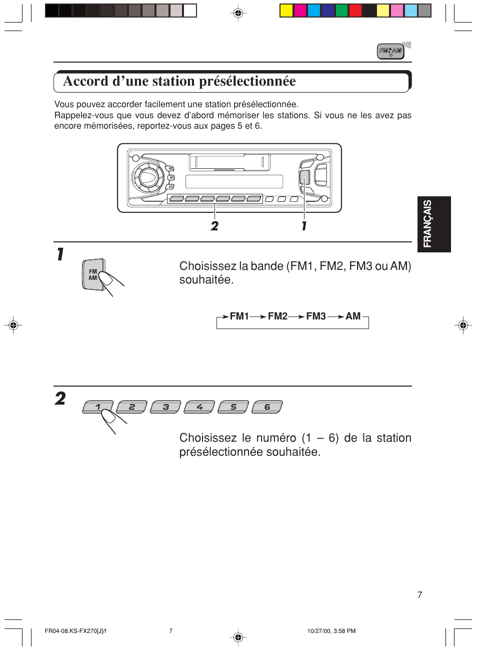 Accord d’une station preselectionnee, Accord d’une station présélectionnée | JVC KS-FX270 User Manual | Page 65 / 89