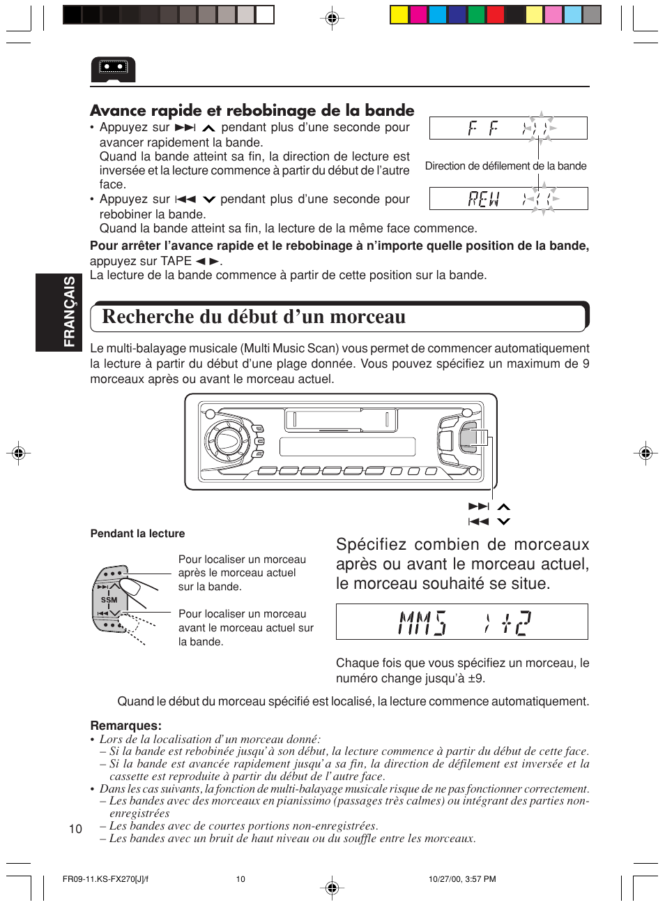 Recherche du debut d’un morceau, Recherche du début d’un morceau, Avance rapide et rebobinage de la bande | JVC KS-FX270 User Manual | Page 68 / 89