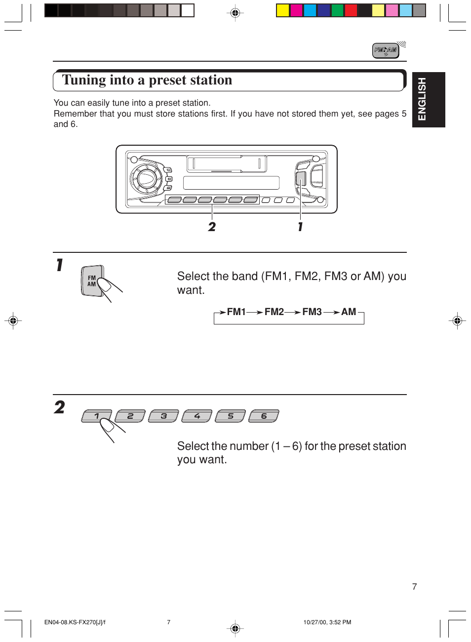 Tuning into a preset station | JVC KS-FX270 User Manual | Page 7 / 89