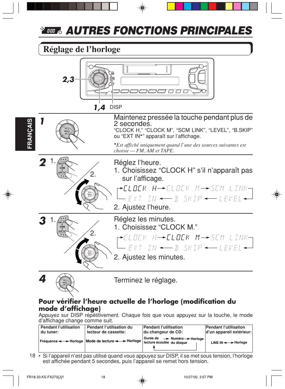 Autres fonctions principales, Reglage de l’horloge, Réglage de l’horloge | Terminez le réglage | JVC KS-FX270 User Manual | Page 76 / 89