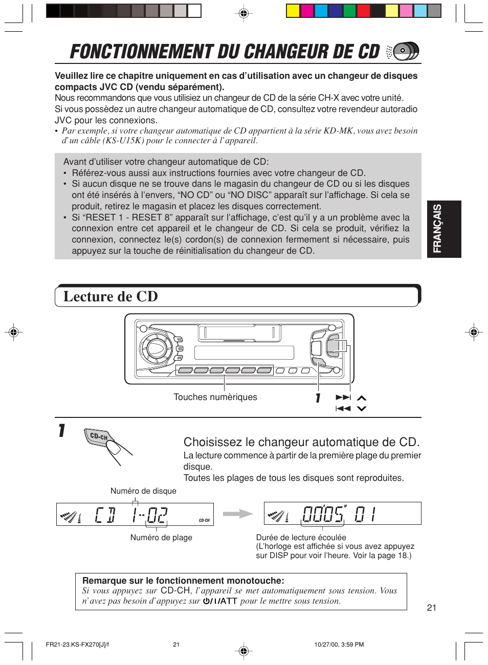 Fonctionnement du changeur de cd, Lecture de cd, Choisissez le changeur automatique de cd | JVC KS-FX270 User Manual | Page 79 / 89