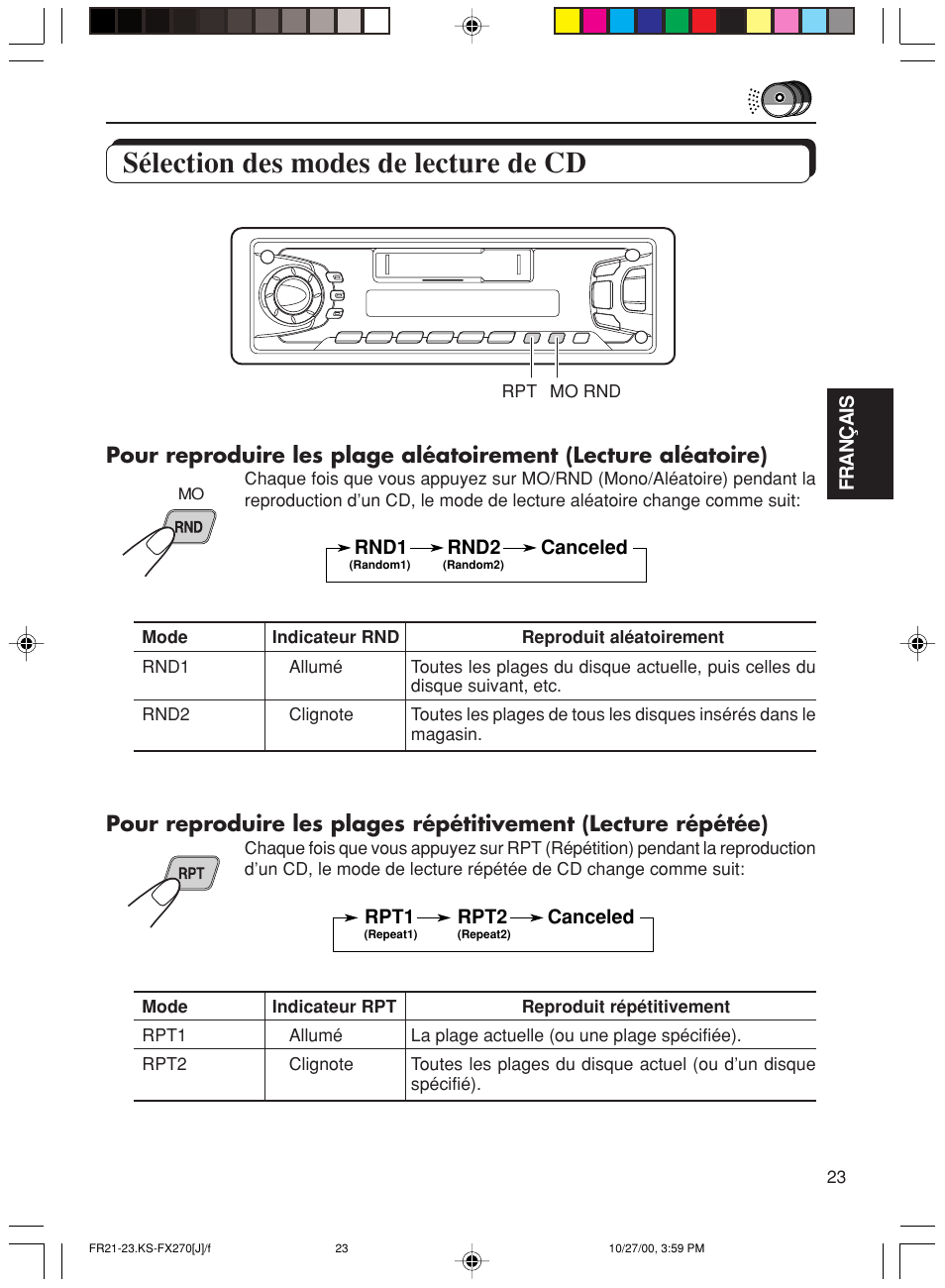 Selection des modes de lecture de cd, Sélection des modes de lecture de cd | JVC KS-FX270 User Manual | Page 81 / 89