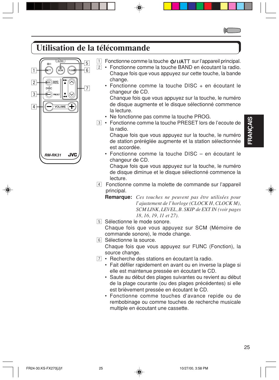 Utilisation de la telecommande, Utilisation de la télécommande | JVC KS-FX270 User Manual | Page 83 / 89