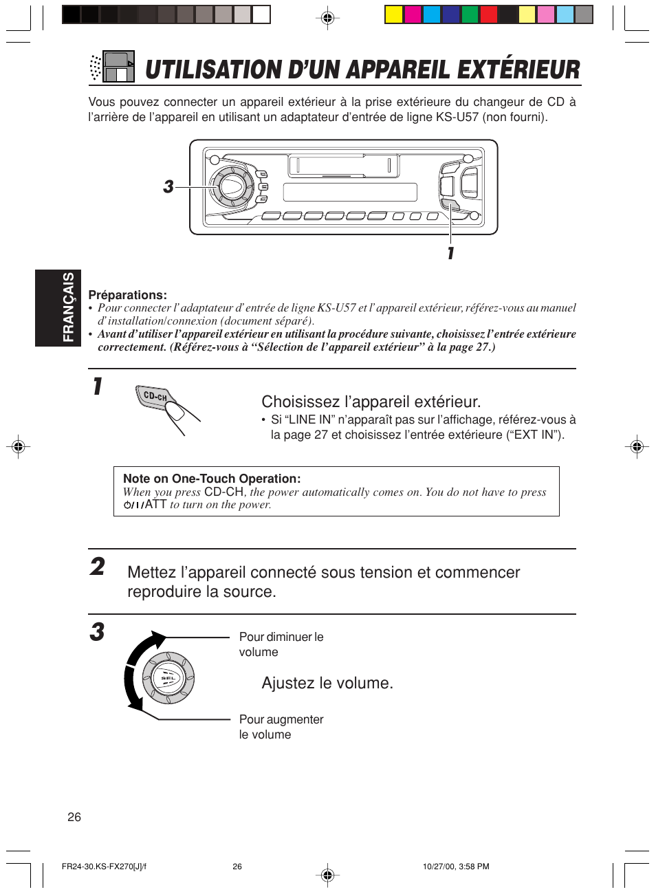 Utilisation d’un appareil exterieur, Utilisation d’un appareil extérieur | JVC KS-FX270 User Manual | Page 84 / 89