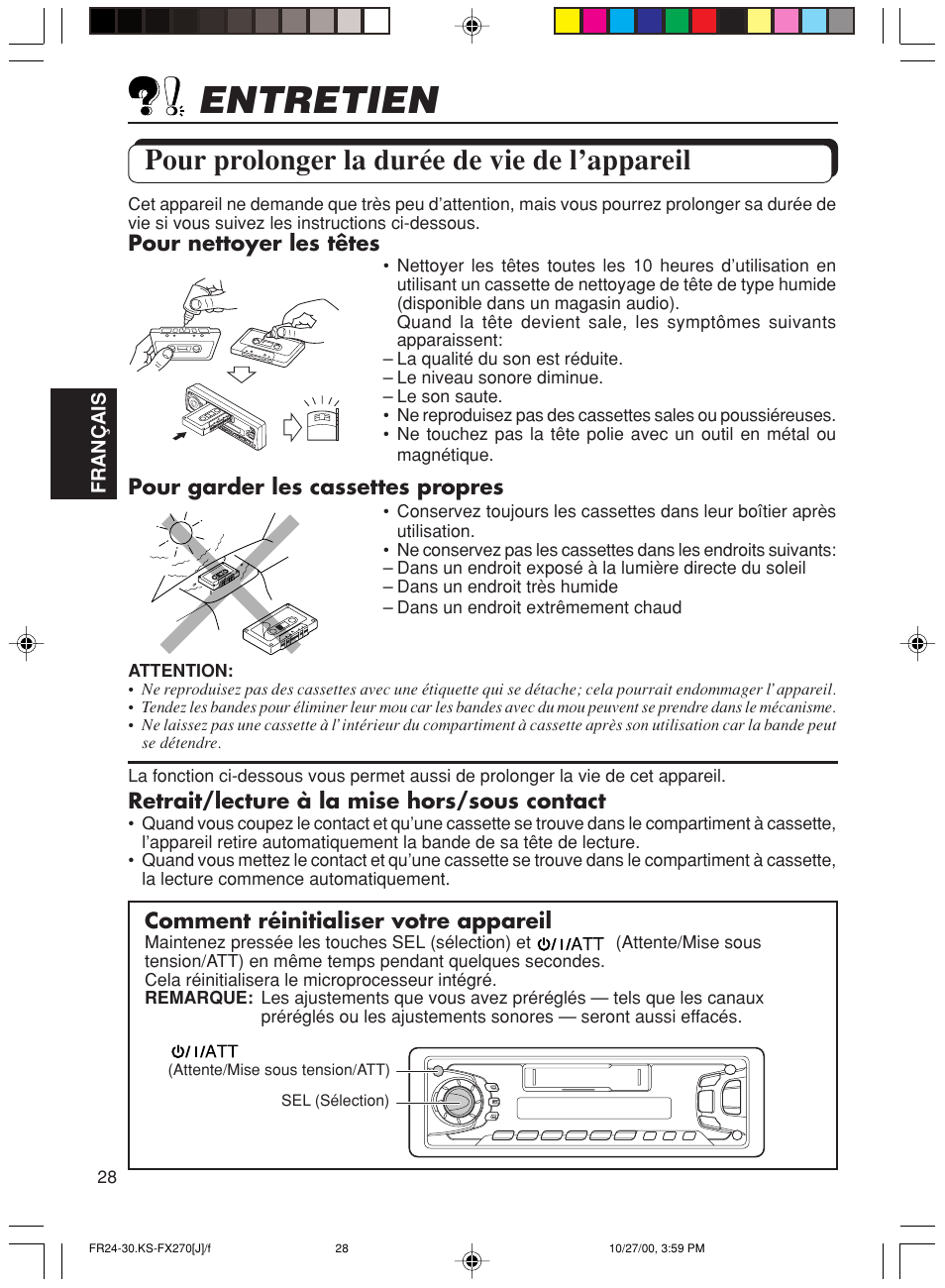 Entretien, Pour prolonger la duree de vie de l’appareil, Comment reinitialiser votre appareil | Pour prolonger la durée de vie de l’appareil | JVC KS-FX270 User Manual | Page 86 / 89