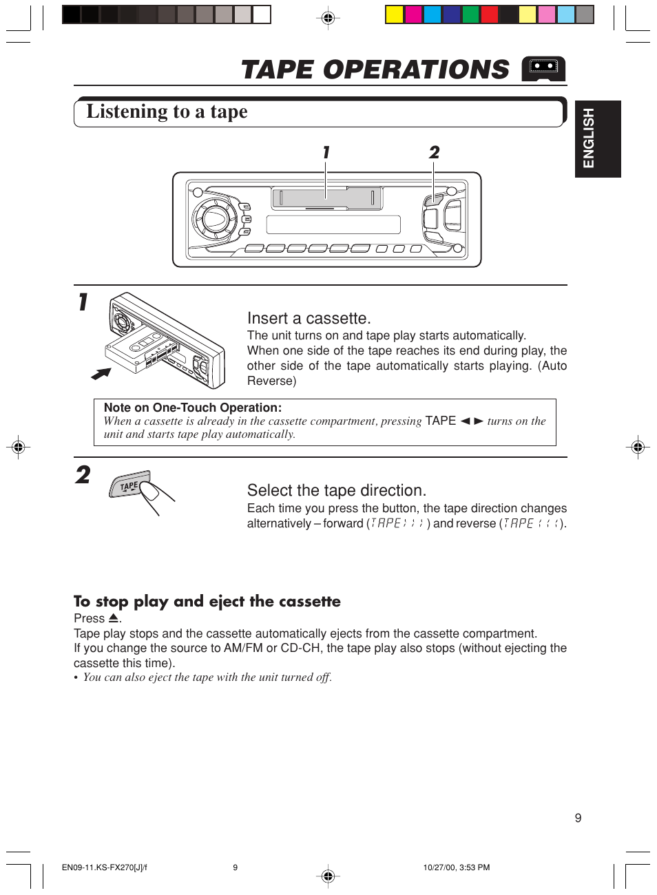 Tape operations, Listening to a tape | JVC KS-FX270 User Manual | Page 9 / 89