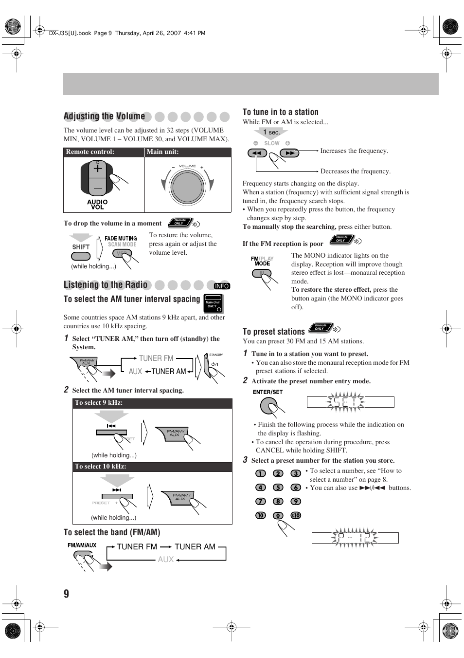 Adjusting the volume, Listening to the radio | JVC CA-DXJ35 User Manual | Page 12 / 104