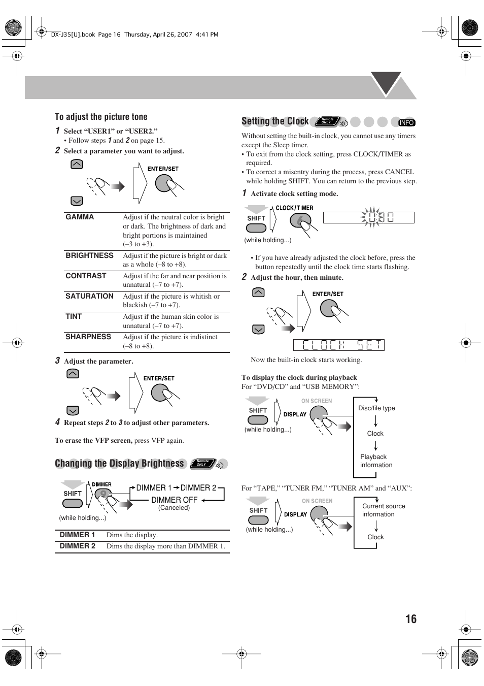 Changing the display brightness setting the clock | JVC CA-DXJ35 User Manual | Page 19 / 104