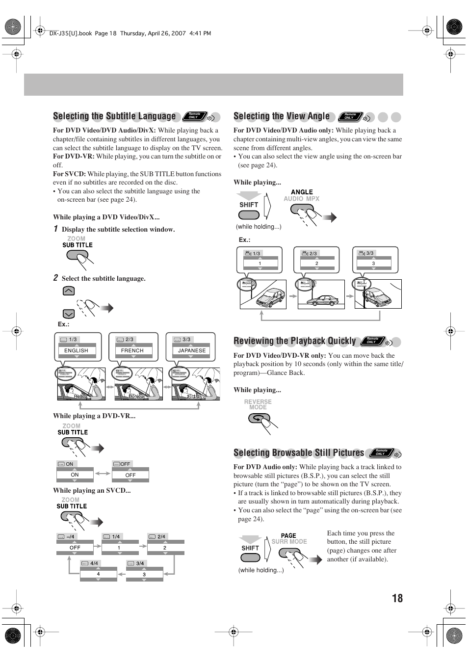 Selecting the subtitle language, Selecting the view angle, Reviewing the playback quickly | Selecting browsable still pictures | JVC CA-DXJ35 User Manual | Page 21 / 104