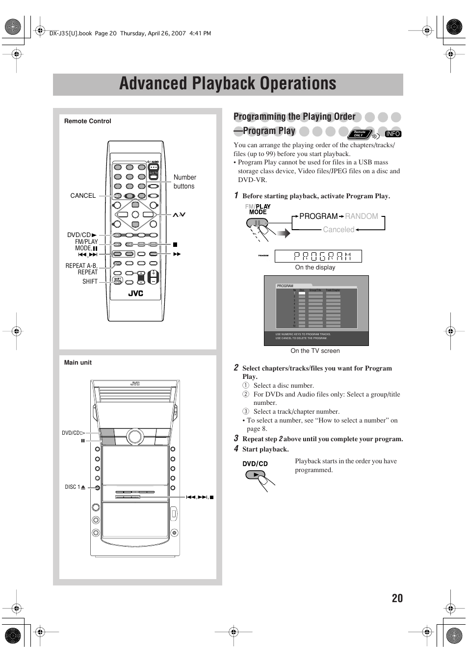 Advanced playback operations, Programming the playing order —program play | JVC CA-DXJ35 User Manual | Page 23 / 104