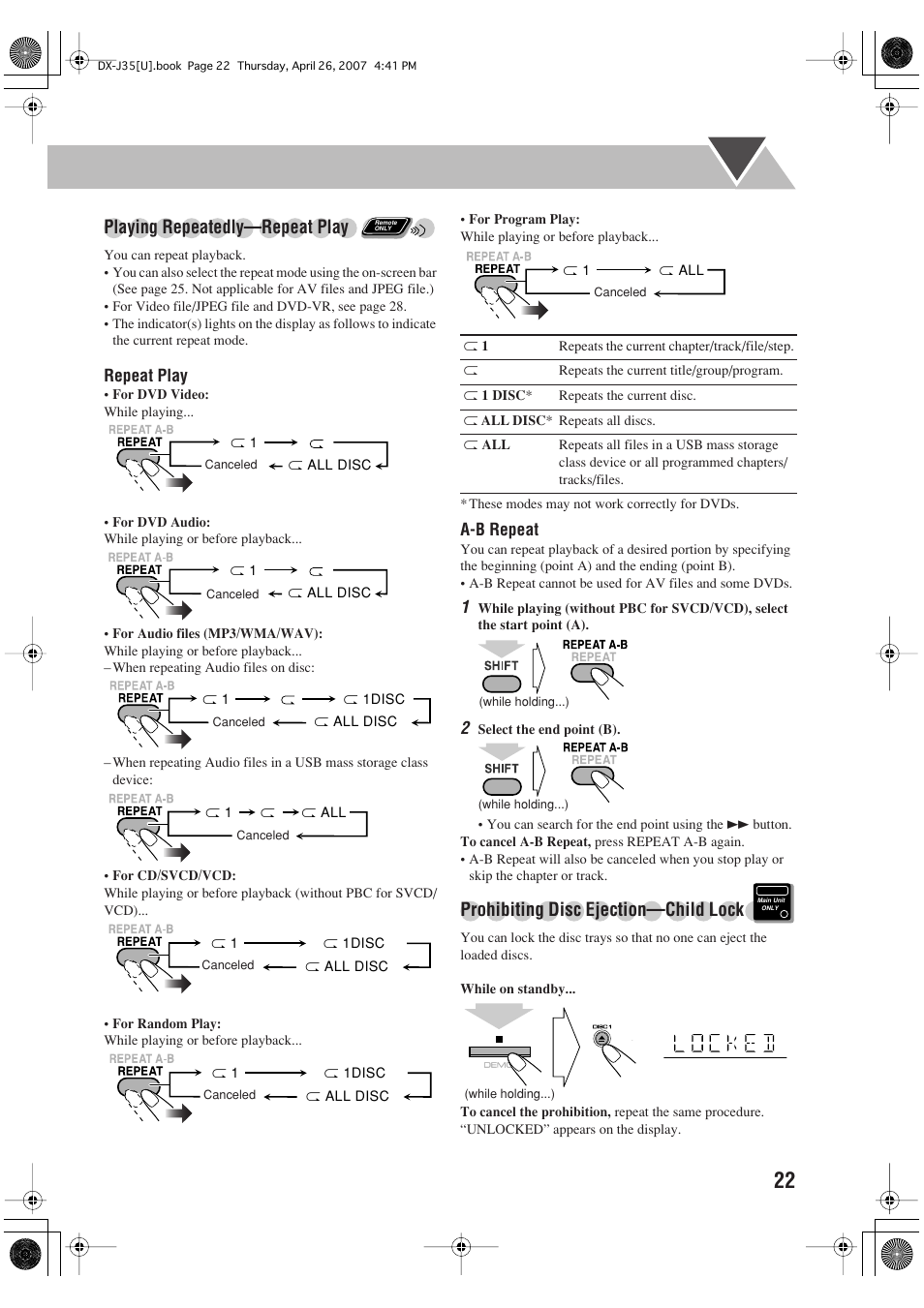 Playing repeatedly—repeat play, Prohibiting disc ejection—child lock | JVC CA-DXJ35 User Manual | Page 25 / 104