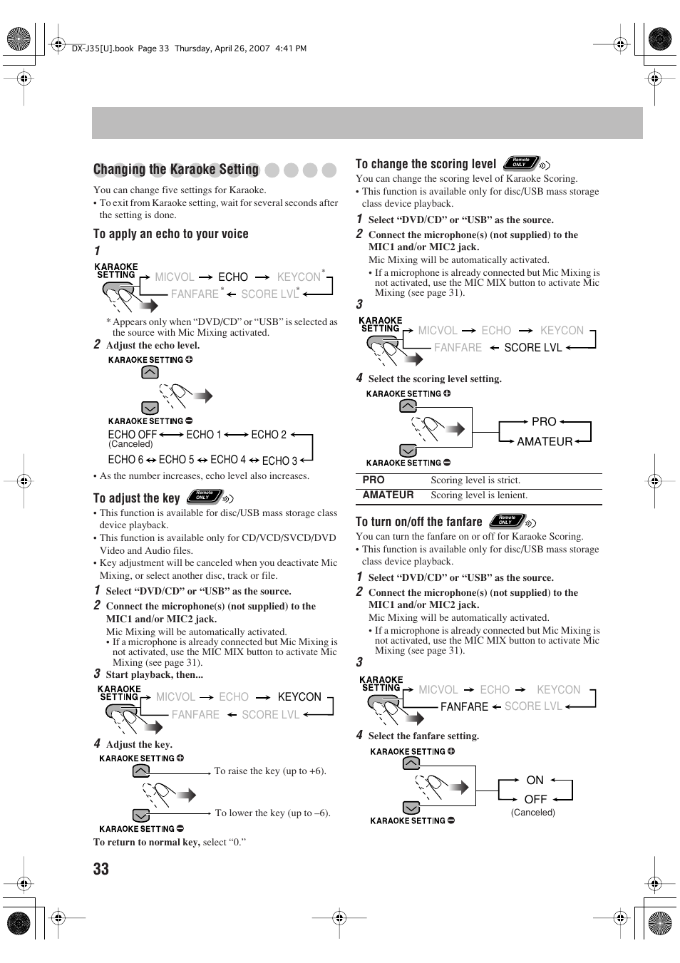 Changing the karaoke setting | JVC CA-DXJ35 User Manual | Page 36 / 104