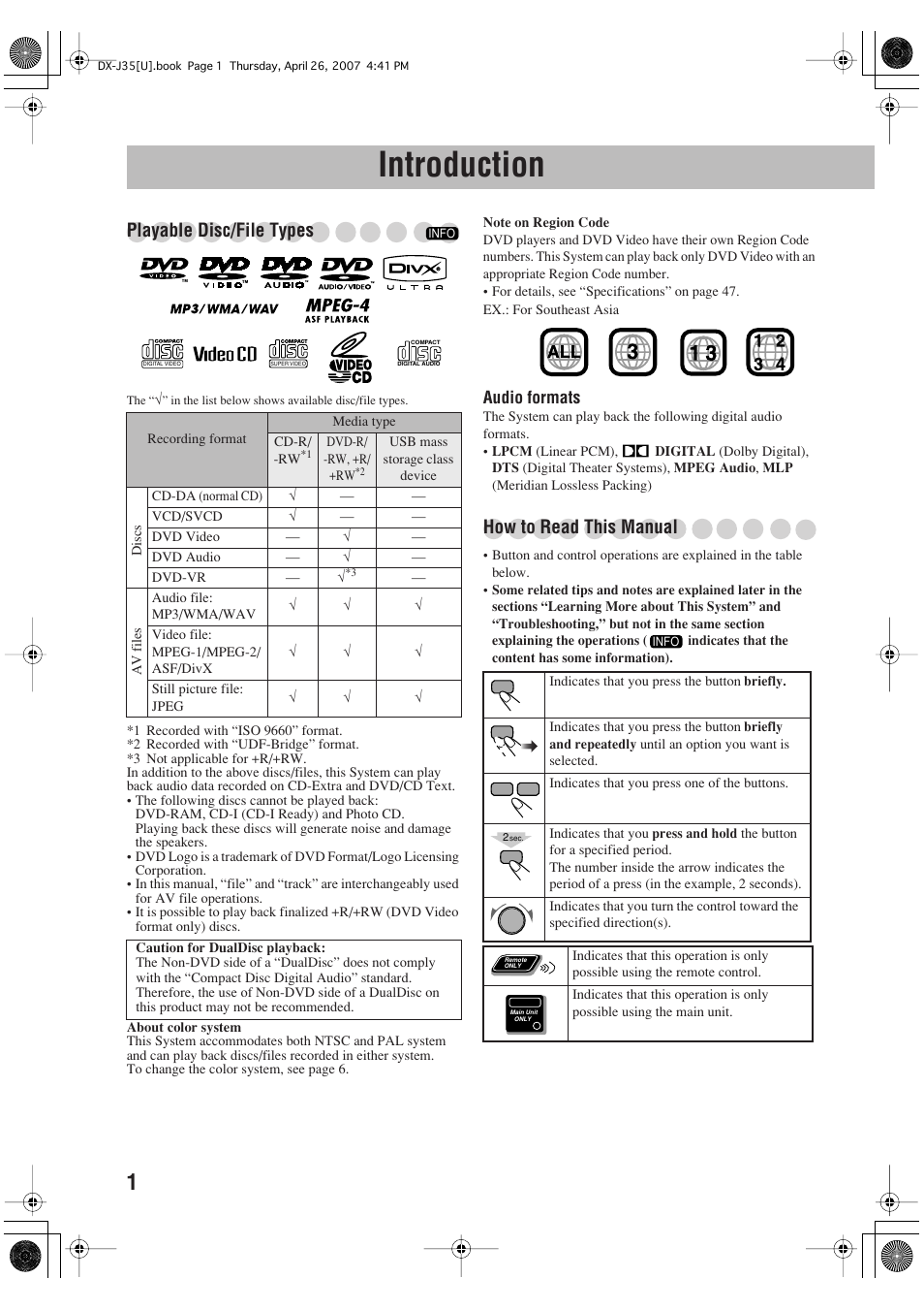 Introduction, Playable disc/file types, How to read this manual | JVC CA-DXJ35 User Manual | Page 4 / 104