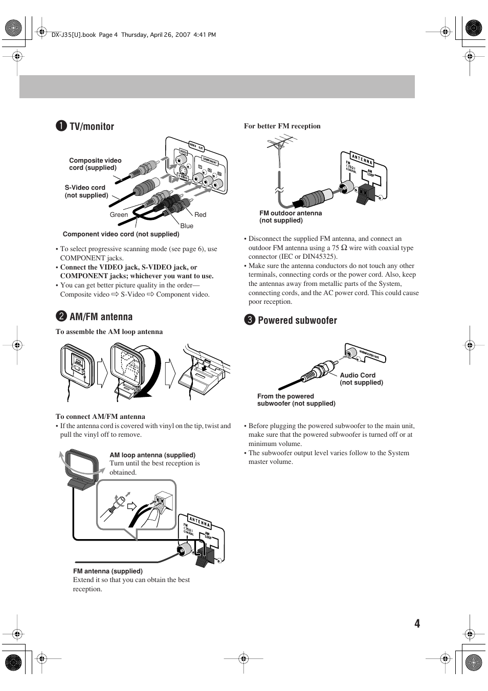 Tv/monitor, Am/fm antenna, Powered subwoofer | JVC CA-DXJ35 User Manual | Page 7 / 104