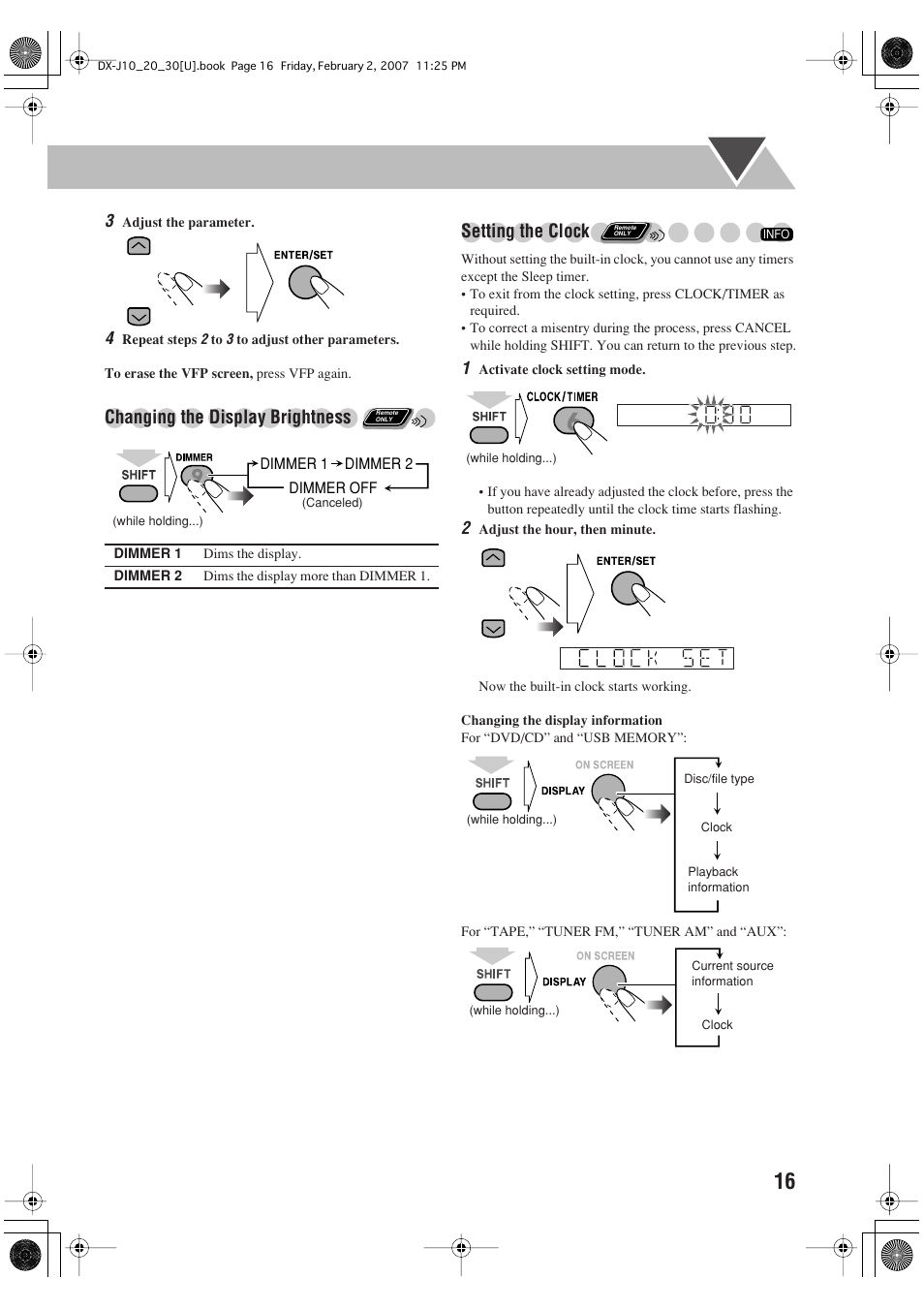 Changing the display brightness setting the clock | JVC CA-DXJ35 User Manual | Page 71 / 104
