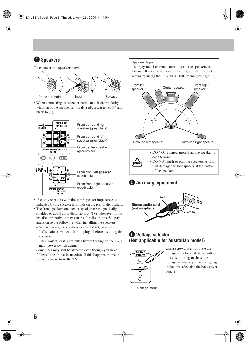 Speakers, Auxiliary equipment | JVC CA-DXJ35 User Manual | Page 8 / 104