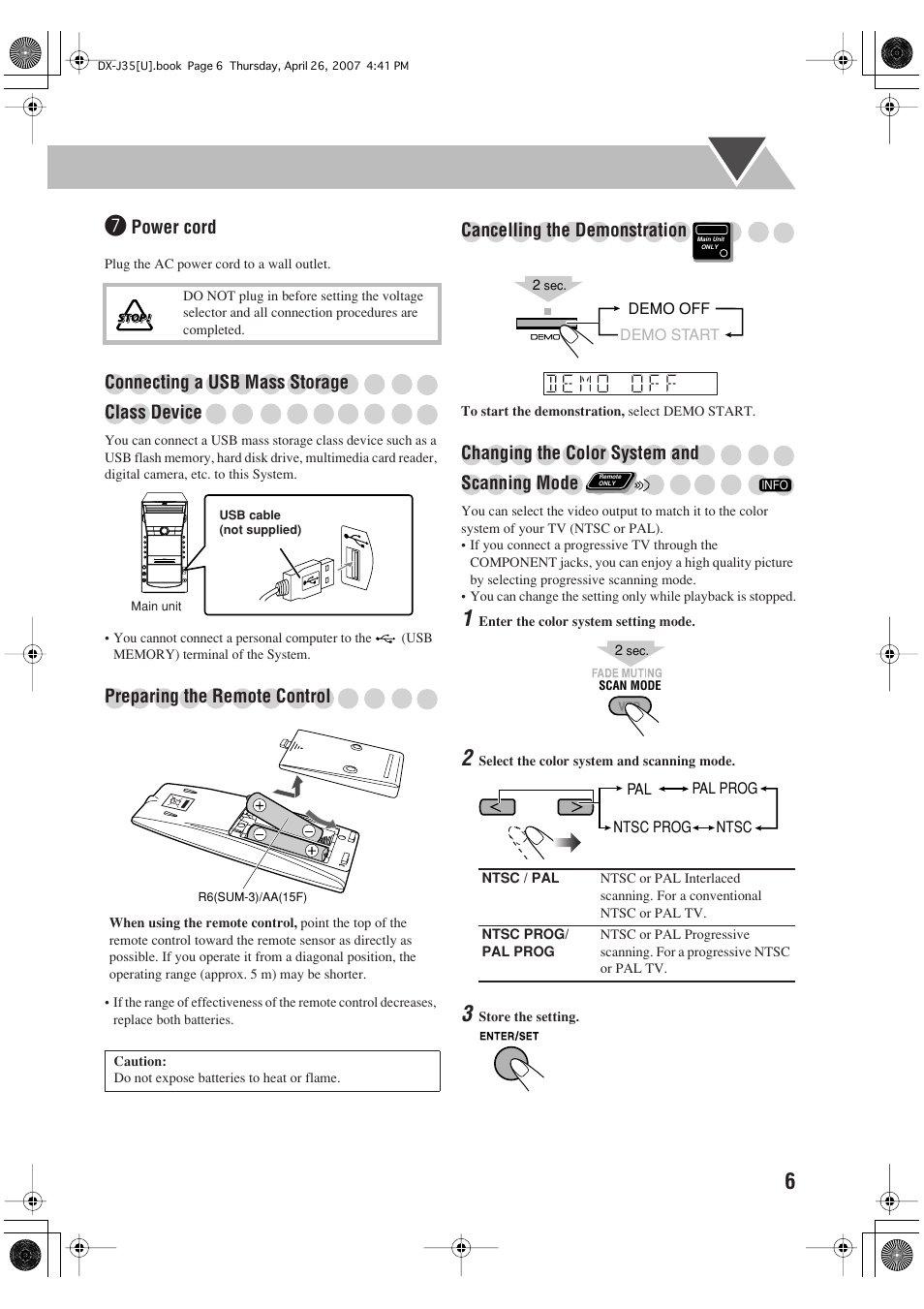 Power cord, Connecting a usb mass storage class device, Preparing the remote control | Cancelling the demonstration, Changing the color system and scanning mode | JVC CA-DXJ35 User Manual | Page 9 / 104