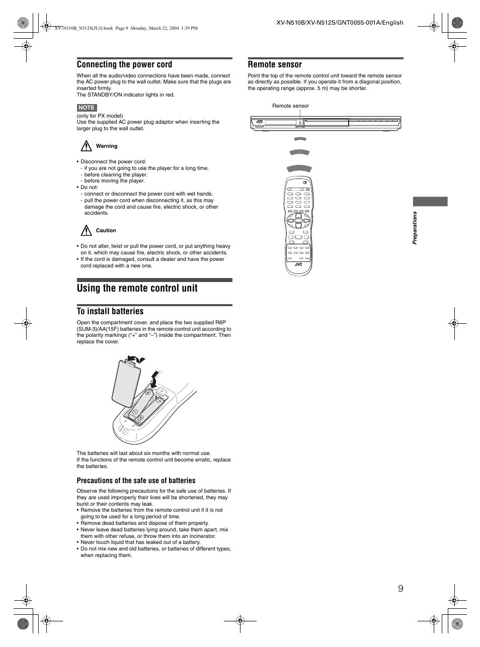 Using the remote control unit, Connecting the power cord, Remote sensor | JVC XV-N510B User Manual | Page 11 / 48
