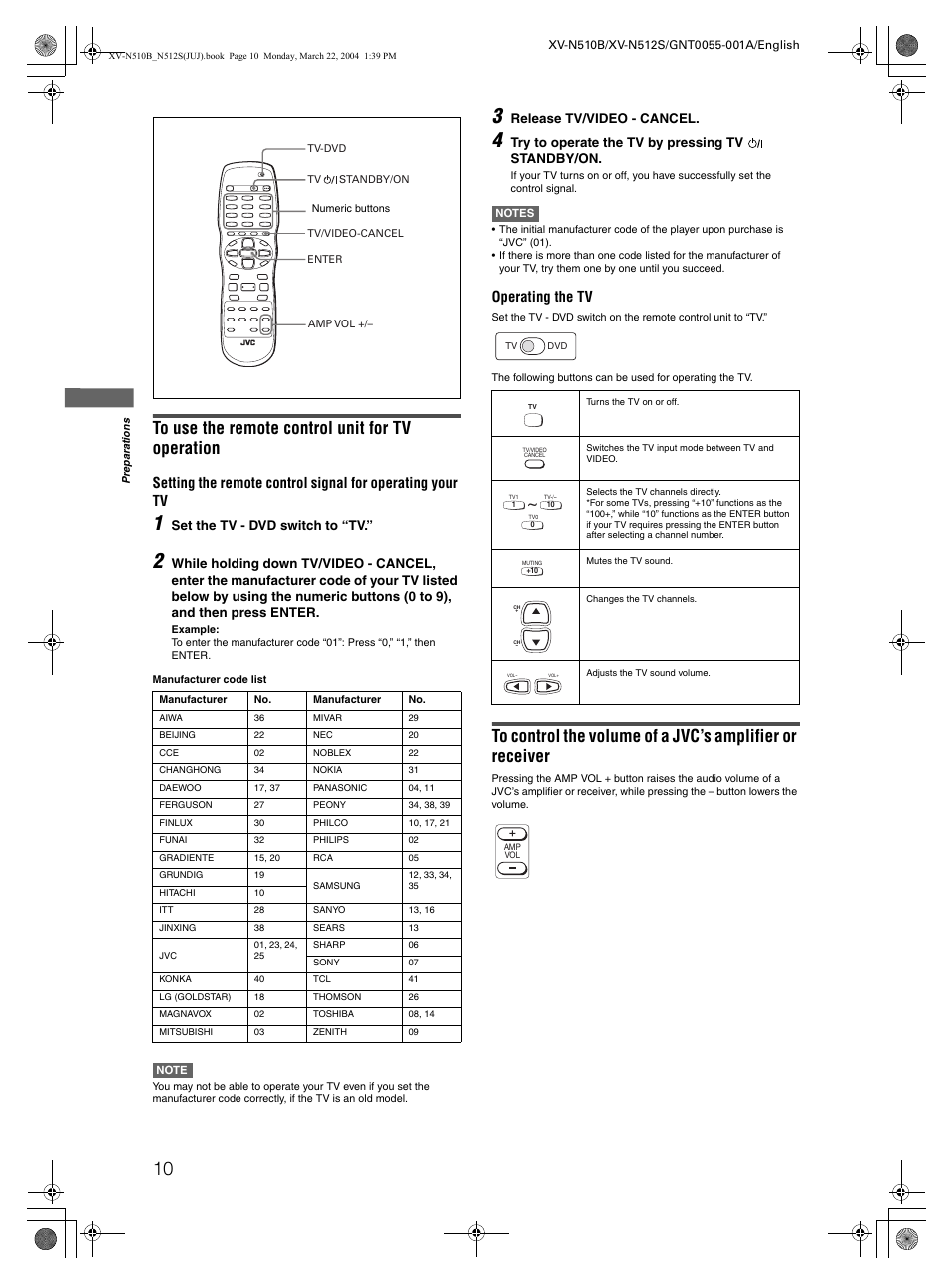 Operating the tv | JVC XV-N510B User Manual | Page 12 / 48