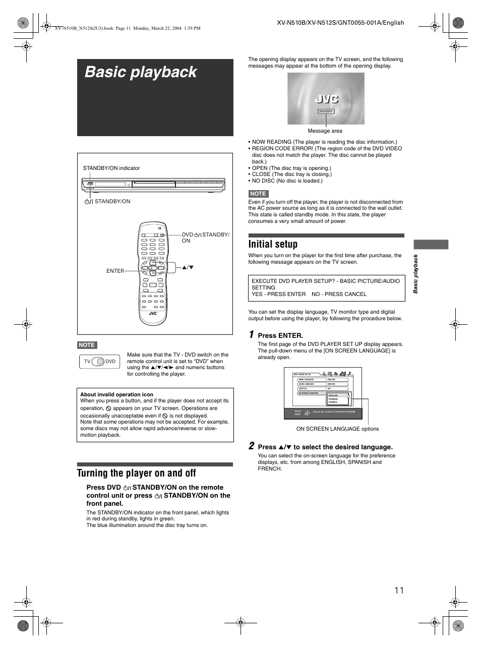 Basic playback, Turning the player on and off, Initial setup | JVC XV-N510B User Manual | Page 13 / 48