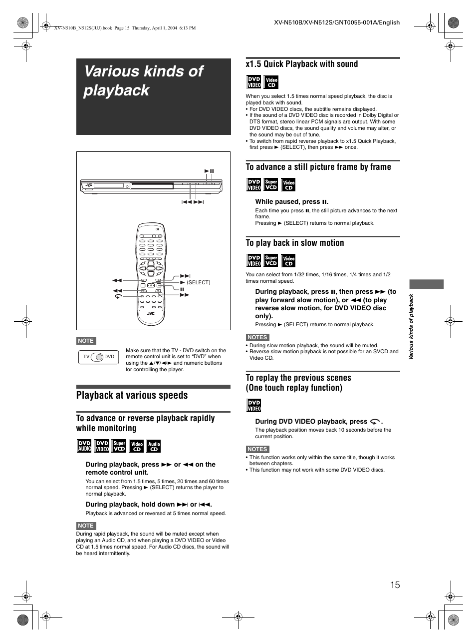 Various kinds of playback, Playback at various speeds, X1.5 quick playback with sound | JVC XV-N510B User Manual | Page 17 / 48