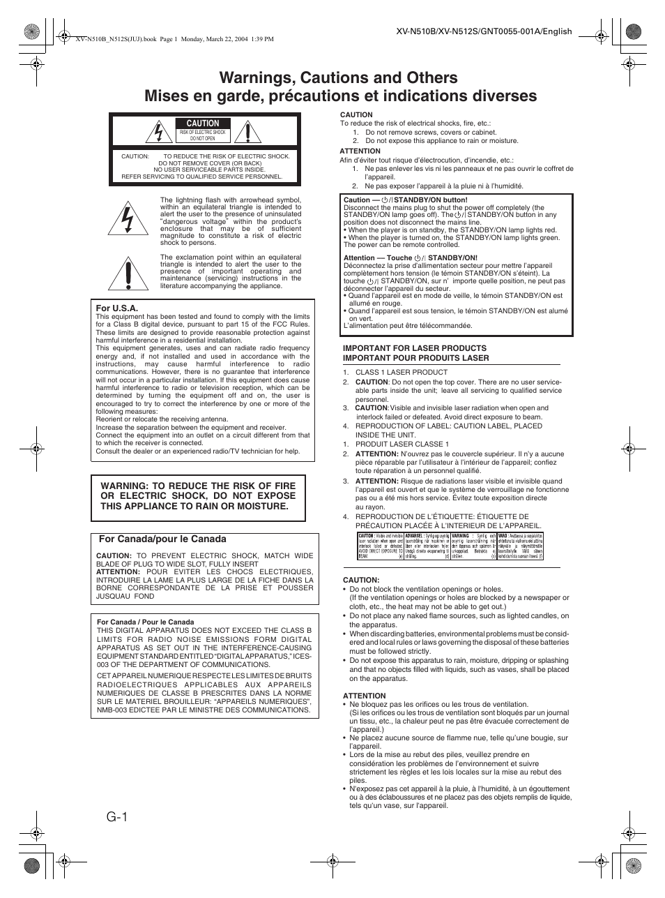 Warnings, cautions and others, For canada/pour le canada | JVC XV-N510B User Manual | Page 2 / 48