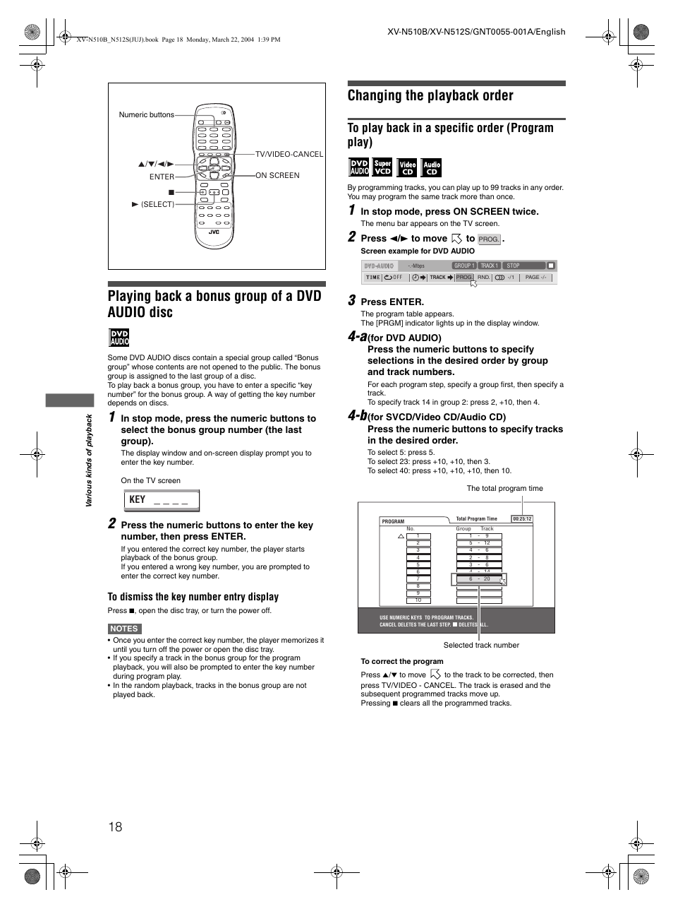 Playing back a bonus group of a dvd audio disc, Changing the playback order | JVC XV-N510B User Manual | Page 20 / 48