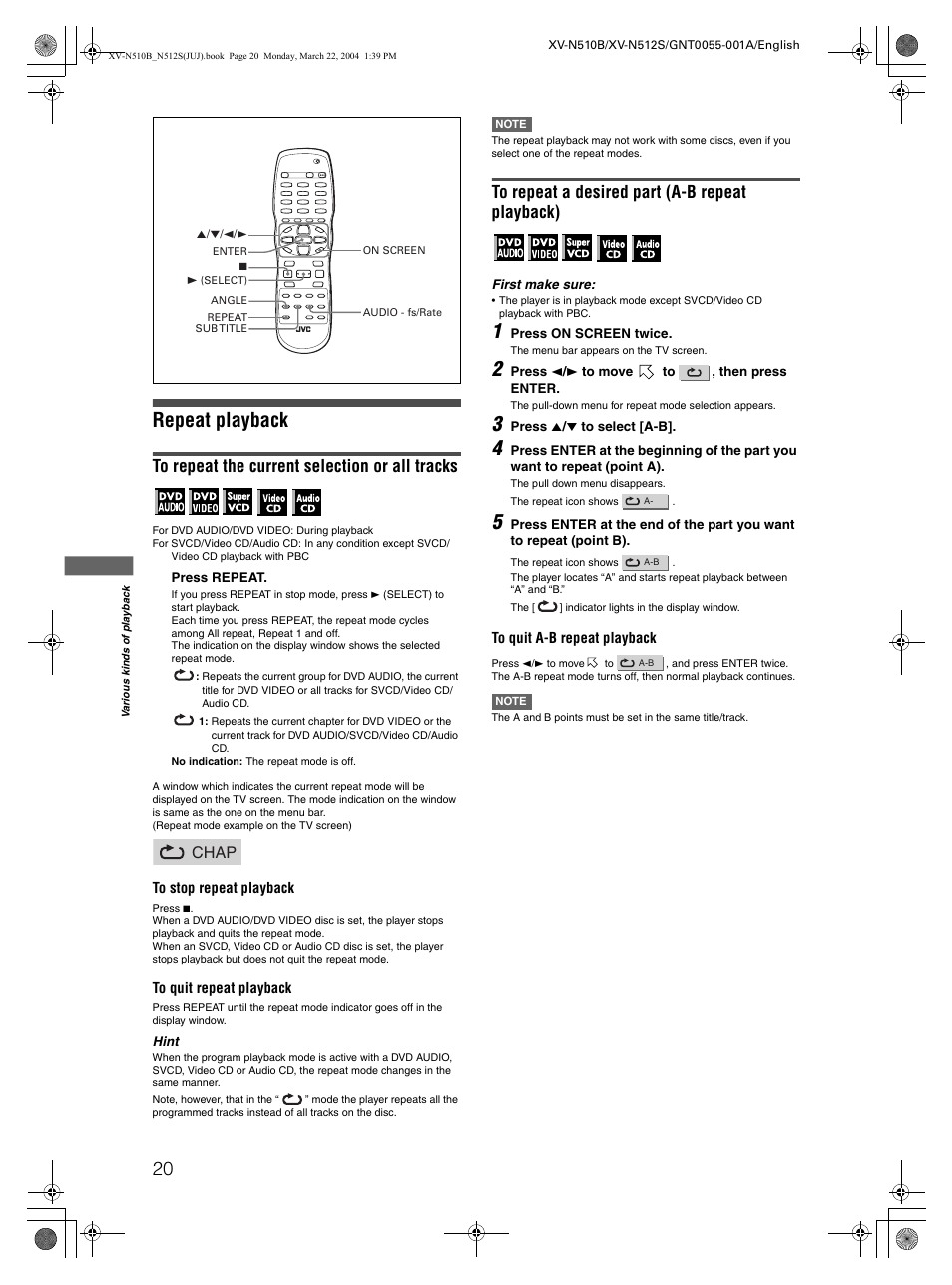 Repeat playback, Chap | JVC XV-N510B User Manual | Page 22 / 48
