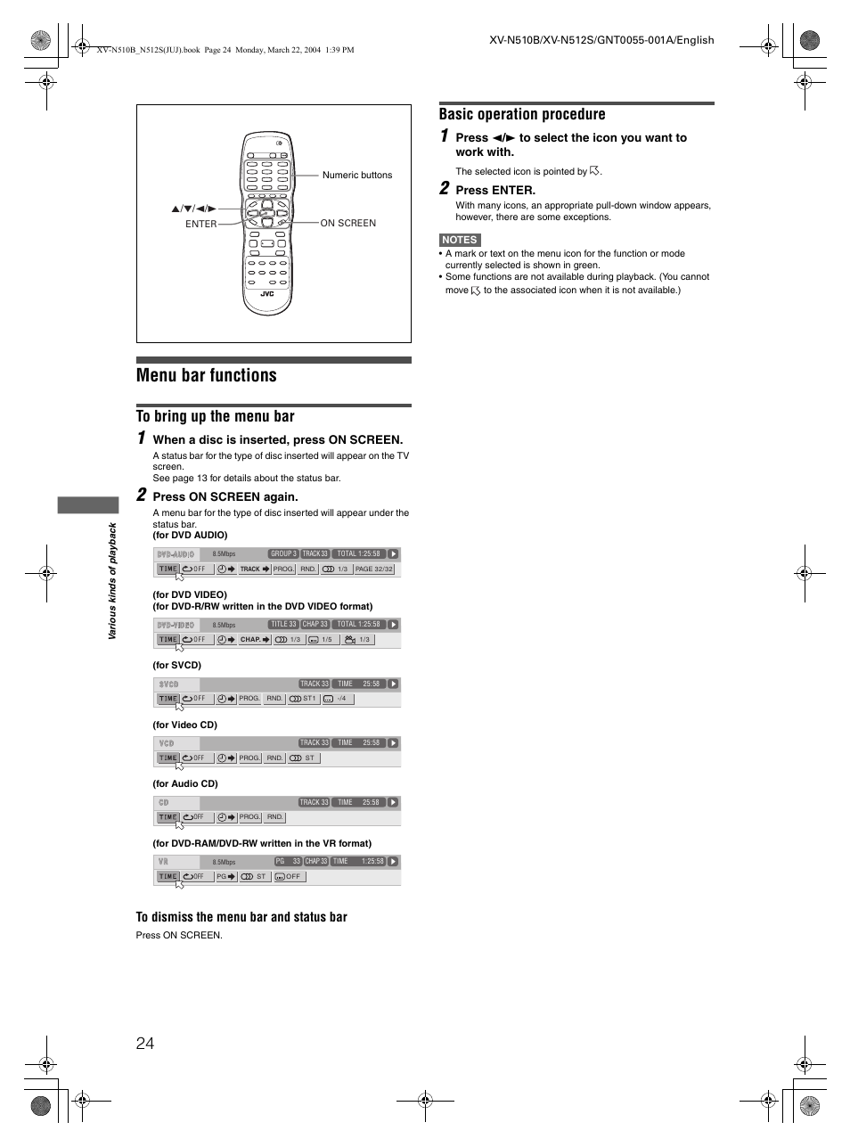 Menu bar functions, Basic operation procedure | JVC XV-N510B User Manual | Page 26 / 48