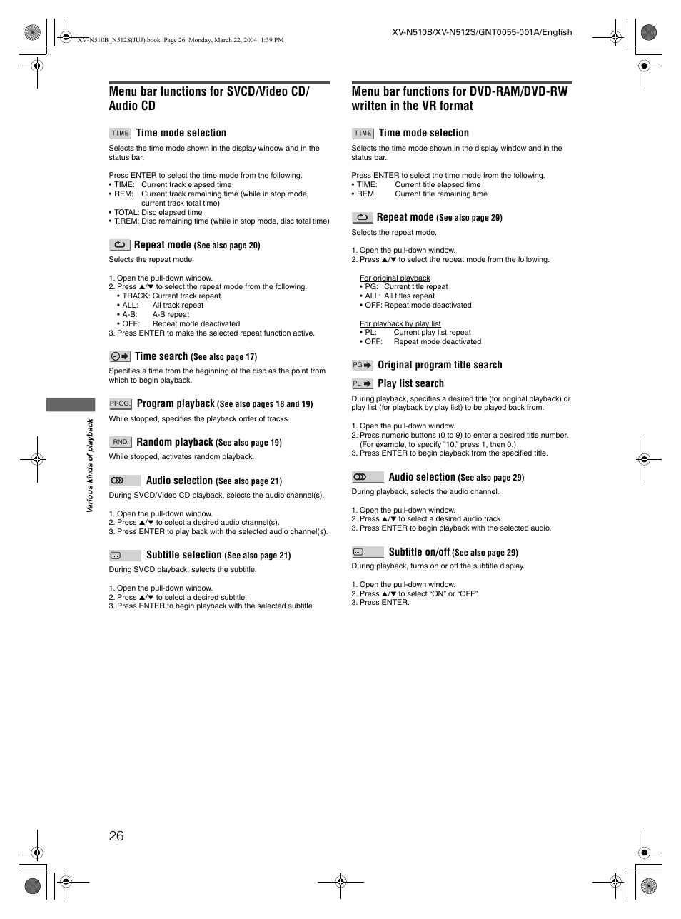 Menu bar functions for svcd/video cd/ audio cd | JVC XV-N510B User Manual | Page 28 / 48