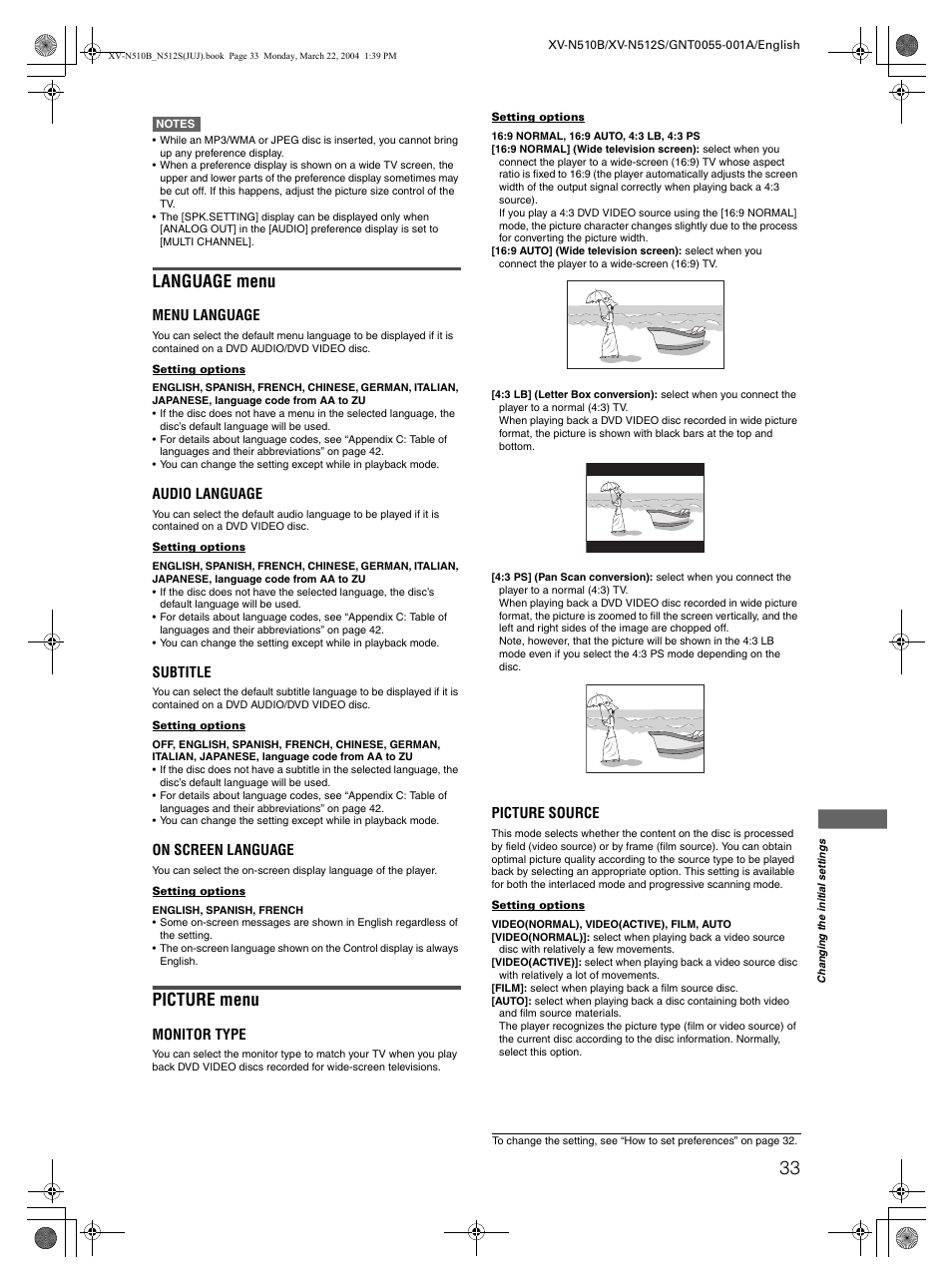 Language menu, Picture menu | JVC XV-N510B User Manual | Page 35 / 48