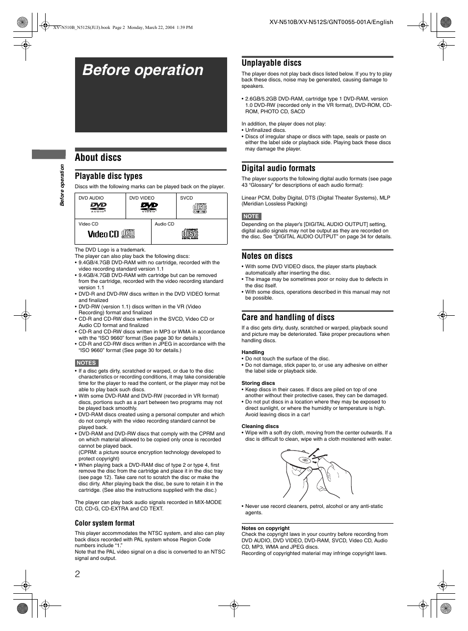 Before operation, About discs, Playable disc types | Unplayable discs, Digital audio formats, Care and handling of discs | JVC XV-N510B User Manual | Page 4 / 48